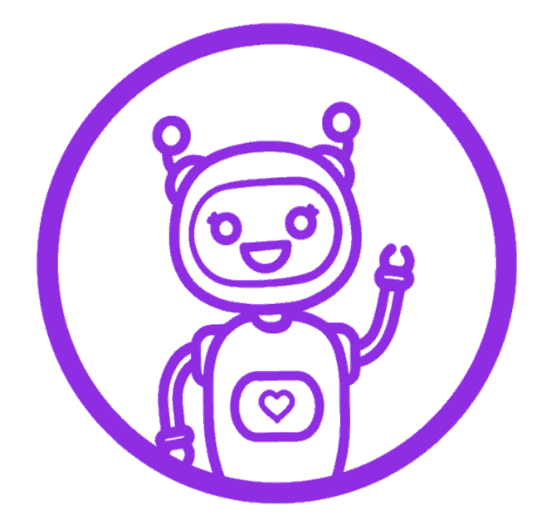 Bertha the robot in a purple circle smiling with one arm up waving hello.