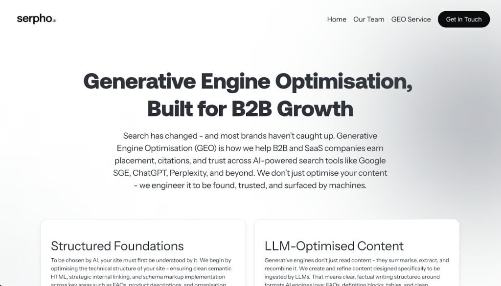 Serpho Screen grab highlighting Engine Optimization services for B2B