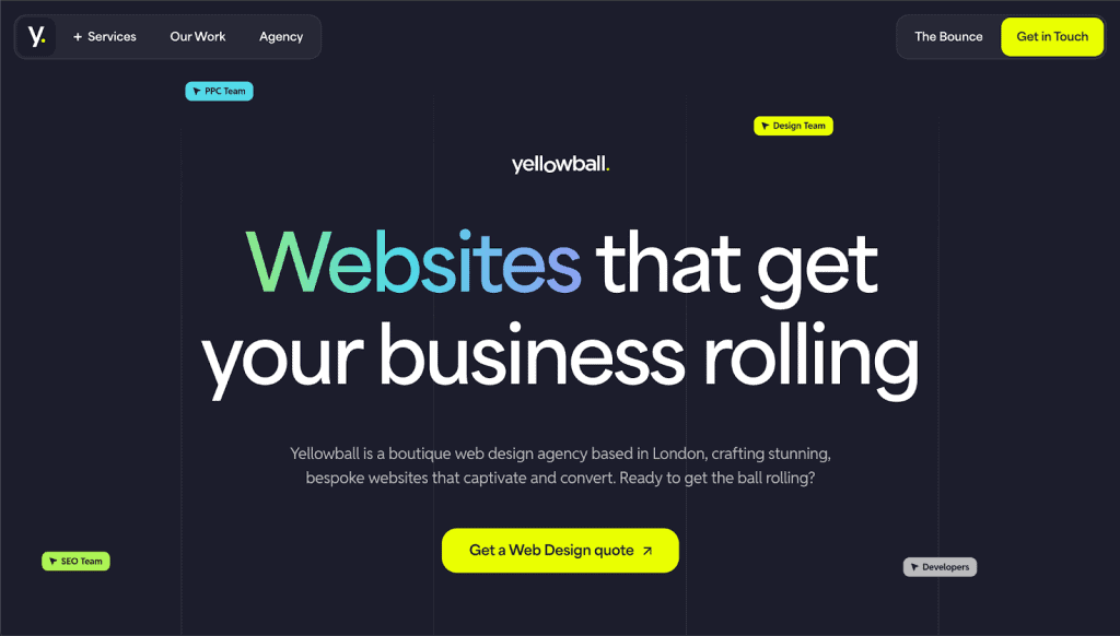 Yellow ball screengrab highlighting there AI SEO offering on a blue background with A vignetted text and white headlines. 