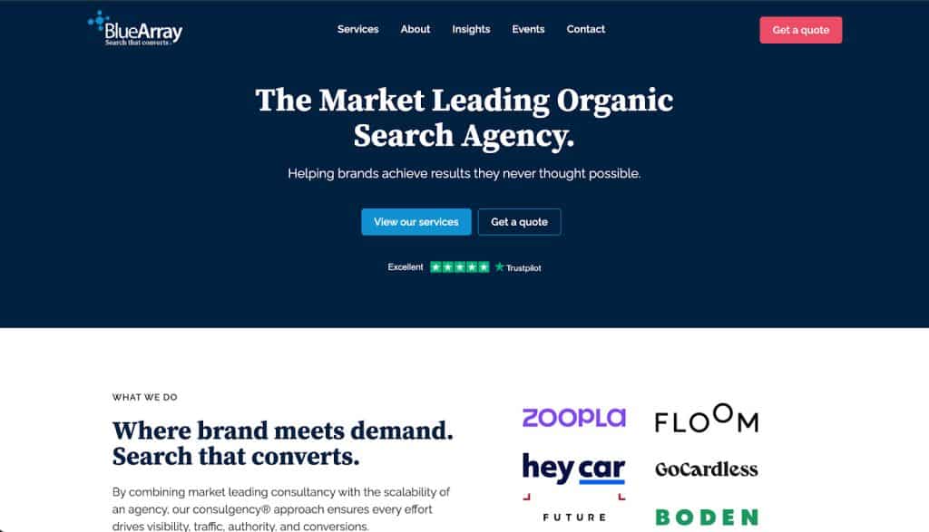 Blue array Screengrab showing The Market leading organic search agency as a headline on a blue background