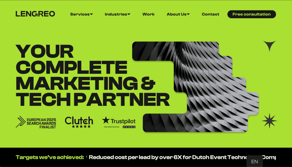 Lengreo screengrab advertising their AI SEO services ona bright almost fluorescent background